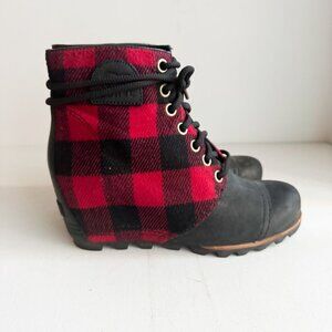 Sorel Buffalo Plaid Wool Leather Wedge Boots 9.5